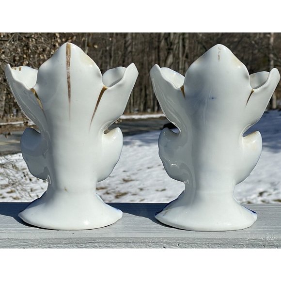 PAIR of Antique Victorian Blue Gilt Porcelain Leaves Vase Art Nouveau Mantel - Picture 7 of 16